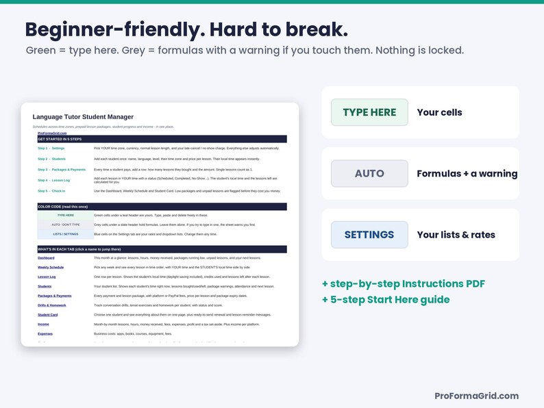 Beginner-friendly tutor spreadsheet color code: green cells to type, grey formula cells with a warning, blue settings, plus Start Here guide and instructions PDF.