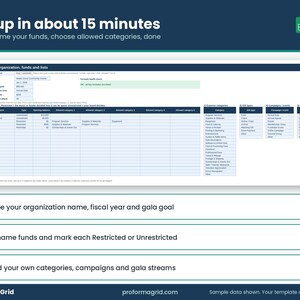 Setup tab: organization name, funds, up to 5 allowed categories per restricted fund, and dropdown lists.