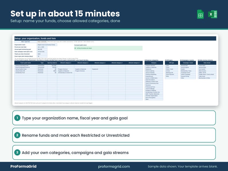 Setup tab: organization name, funds, up to 5 allowed categories per restricted fund, and dropdown lists.