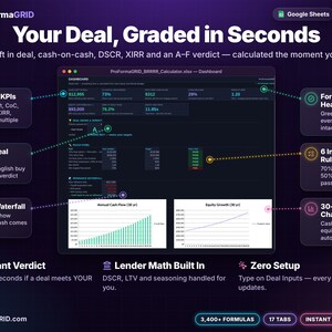 Dashboard tab displaying cash left in deal, post-refi cash flow, DSCR, cash-on-cash, A-F deal grade, rules pass fail panel, and 30-year charts.
