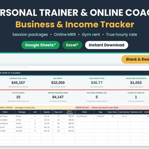 Main listing banner for Personal Trainer & Online Coach Tracker spreadsheet showing a preview of the dashboard key metrics, renewal radar and check-in list, with compatibility badges for Google Sheets* and Microsoft* Excel*.