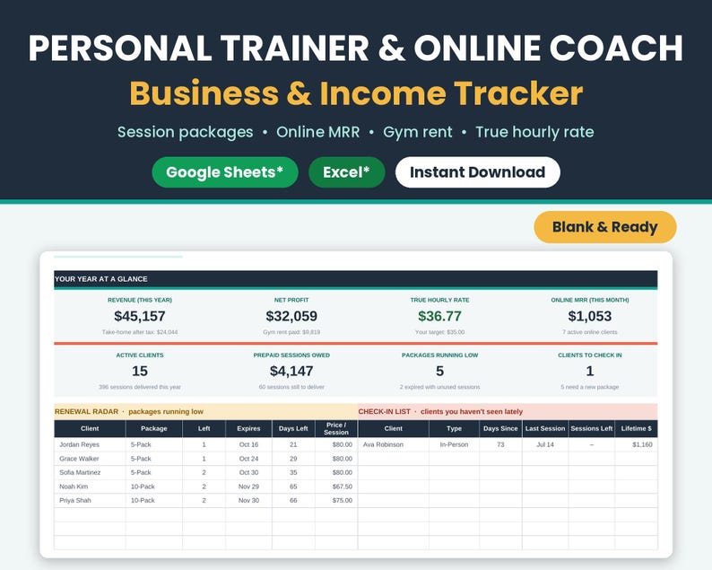 Main listing banner for Personal Trainer & Online Coach Tracker spreadsheet showing a preview of the dashboard key metrics, renewal radar and check-in list, with compatibility badges for Google Sheets* and Microsoft* Excel*.