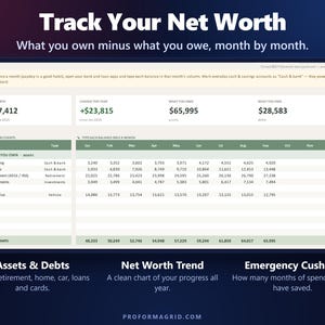 Net worth tracker with monthly balances for assets and debts and an emergency cushion meter.