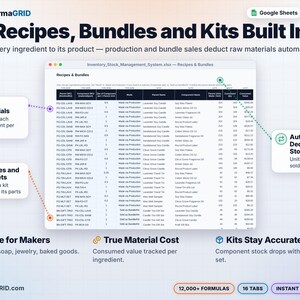 Recipes and bundles bill of materials tab for candle and soap makers: production and gift set sales automatically deduct wax, wicks, fragrance oils, jars and packaging from stock.