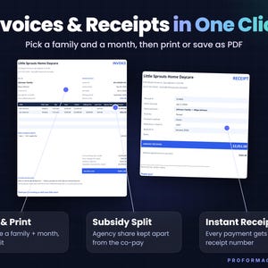 Print-ready daycare invoice with tuition, sibling discount, late fees, agency share, previous balance and balance due, next to a payment receipt with receipt number and remaining balance.