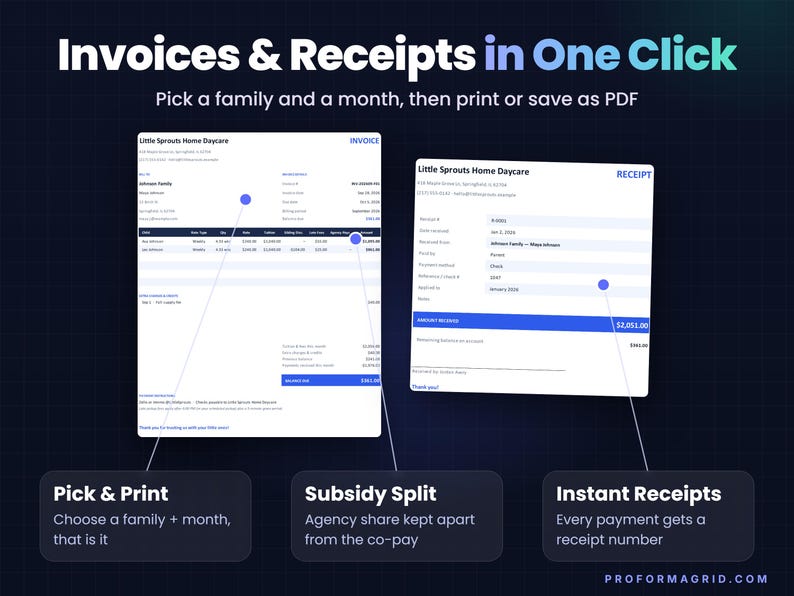 Print-ready daycare invoice with tuition, sibling discount, late fees, agency share, previous balance and balance due, next to a payment receipt with receipt number and remaining balance.