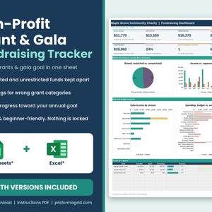 Laptop-style preview of the Non-Profit Grant and Gala Fundraising Tracker dashboard with Google Sheets* and Excel* logos.