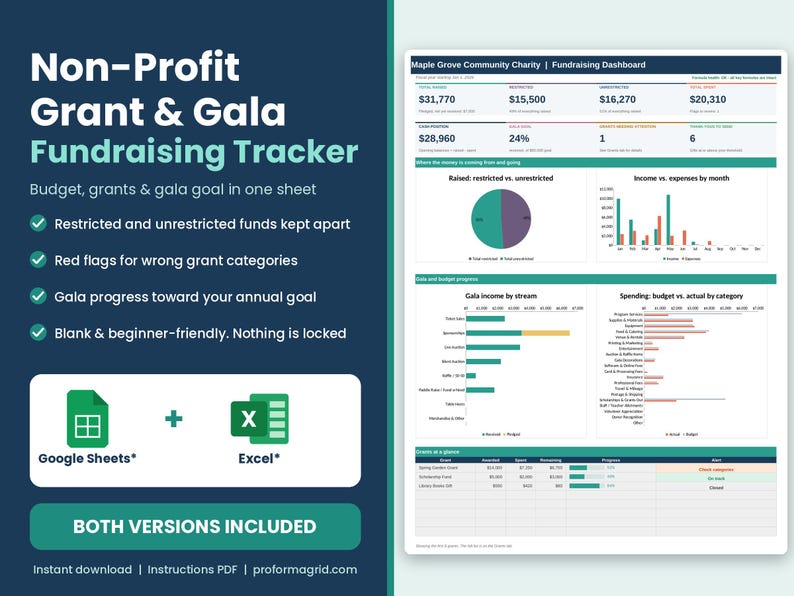 Laptop-style preview of the Non-Profit Grant and Gala Fundraising Tracker dashboard with Google Sheets* and Excel* logos.