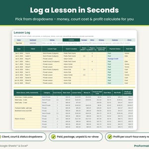 Lesson log sheet with payment status dropdowns, court rental fee deductions, club commission calculations, and automated gear wear costs.
