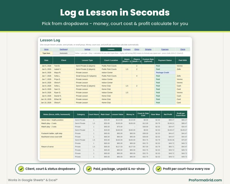 Lesson log sheet with payment status dropdowns, court rental fee deductions, club commission calculations, and automated gear wear costs.