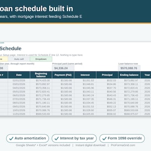 Mortgage loan amortization schedule tab for a house hack spreadsheet, up to 30 years, feeding mortgage interest to Schedule E