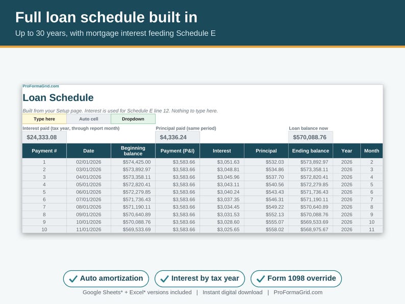 Mortgage loan amortization schedule tab for a house hack spreadsheet, up to 30 years, feeding mortgage interest to Schedule E
