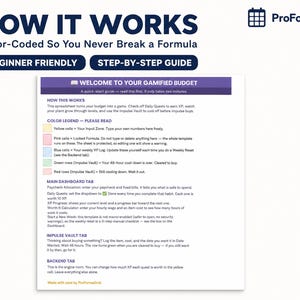 Color-coded beginner-friendly instructions tab explaining how the gamified budget spreadsheet works
