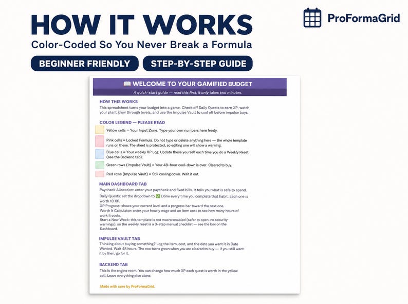 Color-coded beginner-friendly instructions tab explaining how the gamified budget spreadsheet works