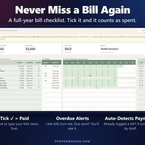 Full-year bill tracker checklist with paid checkmarks, overdue alerts and next due dates.