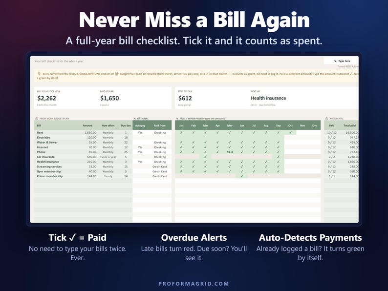Full-year bill tracker checklist with paid checkmarks, overdue alerts and next due dates.