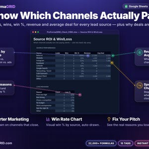Lead source ROI and win loss analysis spreadsheet showing leads, wins, win rate, revenue and average deal per marketing channel plus ranked reasons deals are lost