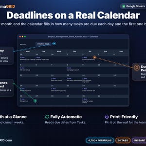 Monthly project calendar spreadsheet showing tasks due per day and milestones, filled automatically from the task list in Google Sheets* or Excel*
