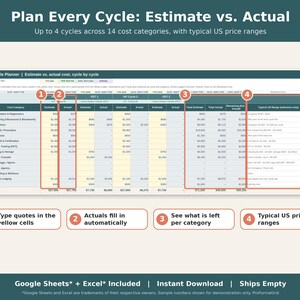 Cycle planner tab comparing estimated and actual IVF costs by category across four treatment cycles.