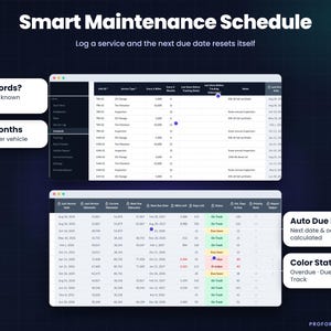 Automated maintenance schedule tab tracking intervals by miles or months. Shows auto next due dates and color-coded status for overdue, due soon, and on track.