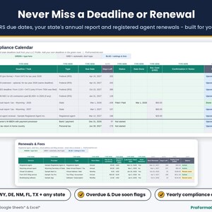 Compliance calendar with IRS Form 1120 and 5472 due dates, Wyoming annual report and registered agent renewal, plus renewals and fees tracker
