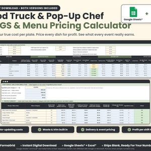 Food Truck & Pop-Up Chef COGS & Menu Pricing Calculator spreadsheet template for Google Sheets* and Excel* with recipe costing and menu price screens.