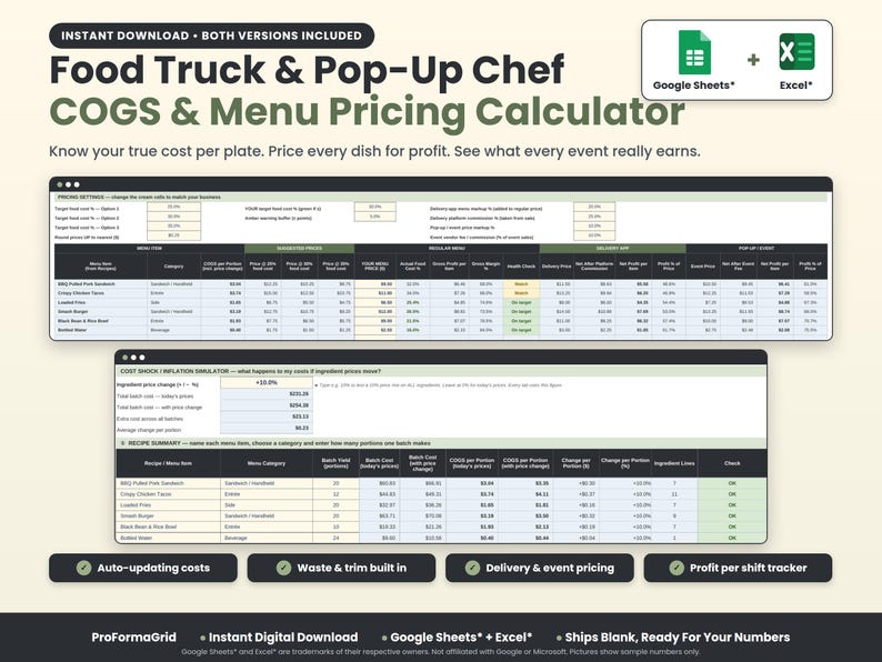 Food Truck & Pop-Up Chef COGS & Menu Pricing Calculator spreadsheet template for Google Sheets* and Excel* with recipe costing and menu price screens.