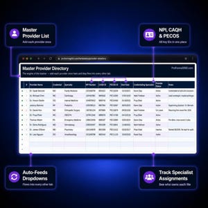 Master provider directory tab displaying clinician profiles with NPI, CAQH ID, PECOS ID, medical specialties, and credentialing coordinator fields.