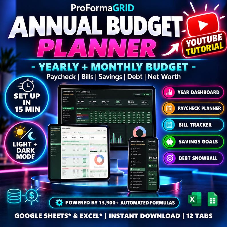 Annual Budget Planner Spreadsheet, Monthly Tracker, Debt Snowball (Google Sheets & Excel) bild 1