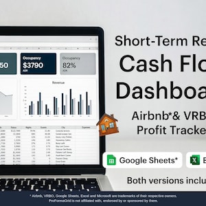 Airbnb profit and loss dashboard spreadsheet for short term rental bookkeeping in Google Sheets and Excel showing key metrics and property filters.