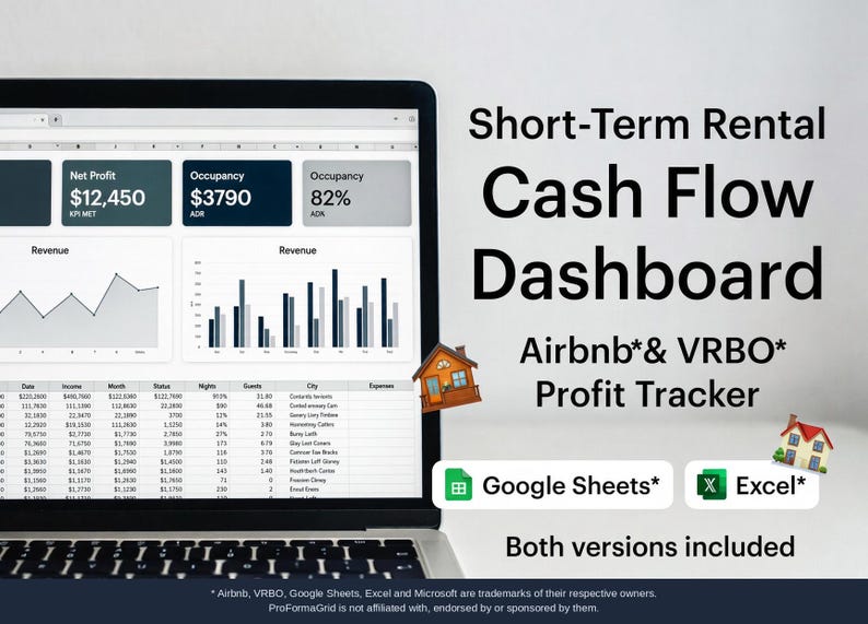 Airbnb profit and loss dashboard spreadsheet for short term rental bookkeeping in Google Sheets and Excel showing key metrics and property filters.