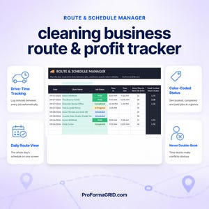 Schedule tab in Excel* and Google Sheets* displaying daily cleaning routes, drive time calculator, and booking status.