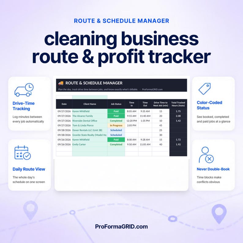 Schedule tab in Excel* and Google Sheets* displaying daily cleaning routes, drive time calculator, and booking status.
