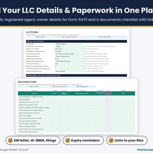 LLC profile with EIN, state, registered agent and foreign owner details for Form 5472, plus documents vault checklist with links and expiry dates