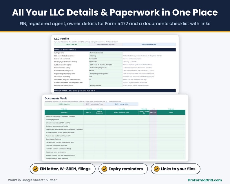 LLC profile with EIN, state, registered agent and foreign owner details for Form 5472, plus documents vault checklist with links and expiry dates