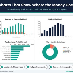 Detailing business charts showing revenue vs expenses by month, net profit by month, top services by profit and where each job dollar goes.