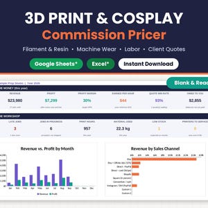3D printing pricing calculator and cosplay commission spreadsheet thumbnail with Google Sheets and Excel badges and a dashboard of revenue, profit and print farm KPIs.