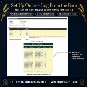 Setup and assumptions tab of the homestead spreadsheet with enterprise list, barn-view quick entry and phone-friendly field entry log