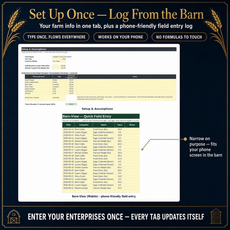 Setup and assumptions tab of the homestead spreadsheet with enterprise list, barn-view quick entry and phone-friendly field entry log