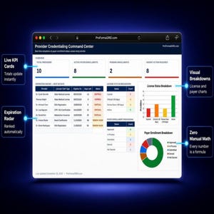 Executive dashboard tab in Google Sheets* and Excel* displaying live KPI cards, 90-day license expiration radar, bar chart, and payer donut chart.