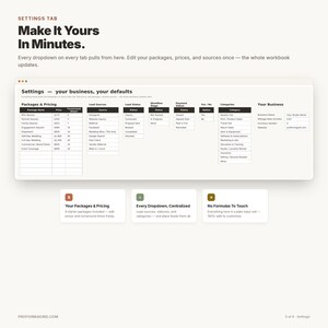 Settings tab featuring easily editable photography packages, pricing, lead sources, and dropdown menu configurations.