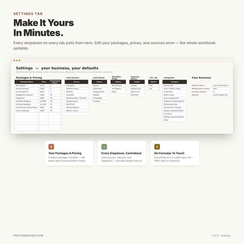 Settings tab featuring easily editable photography packages, pricing, lead sources, and dropdown menu configurations.