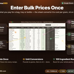 Ingredient database spreadsheet that converts bulk purchase prices in kg, lb, oz, ml or each into cost per gram, milliliter or piece