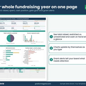 Fundraising dashboard showing total raised, restricted vs unrestricted, cash position, gala goal percent and four charts.