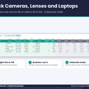 Creator gear and equipment depreciation tracker for cameras, lenses and laptops with straight-line and full write-off methods