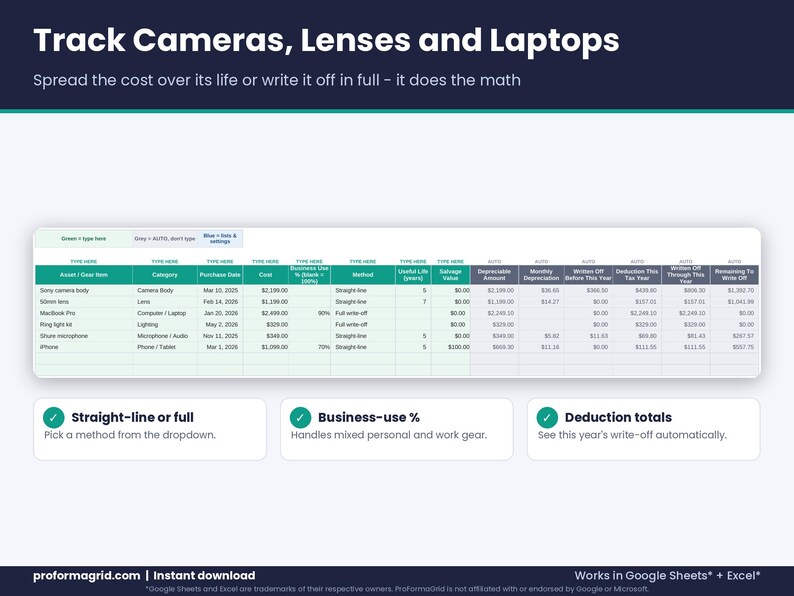 Creator gear and equipment depreciation tracker for cameras, lenses and laptops with straight-line and full write-off methods