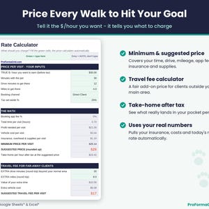 Dog walking rate calculator that finds the minimum and suggested price per walk for a target hourly rate, plus a travel fee calculator for far-away clients.
