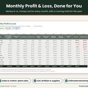 Monthly profit and loss statement for a plant shop with cutting sales, fees, shipping labels, supplies, estimated electricity, net profit and running total.