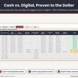 Cash and bank reconciliation tab comparing cash collected with cash deposited and digital payments with card and app payouts each month.