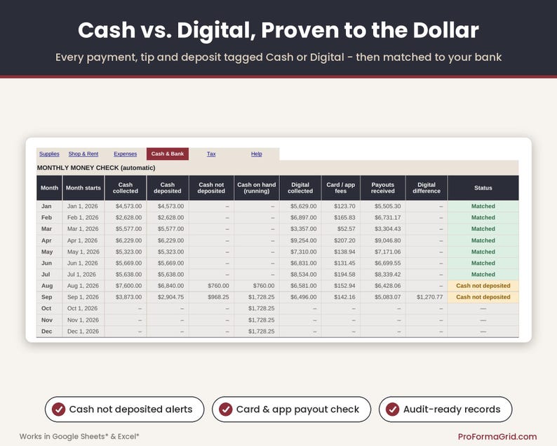 Cash and bank reconciliation tab comparing cash collected with cash deposited and digital payments with card and app payouts each month.